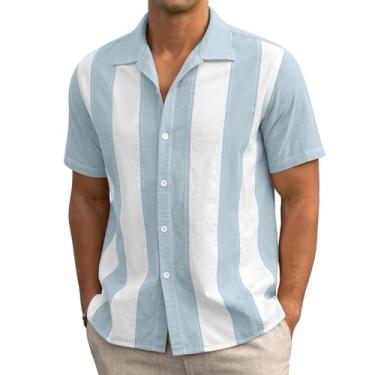 Imagem de Askdeer Camisa masculina de linho manga curta vintage verão casual camisa de botão camisa praia Cuba, A04 Cinza Azul Branco, M