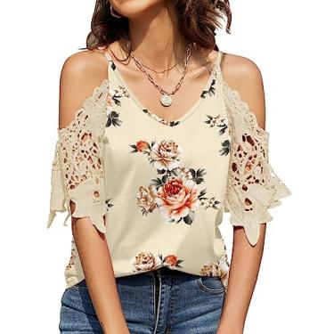 Imagem de TFSDOD Camisetas femininas de verão com decote em V e ombro vazado recortadas de renda manga curta cor sólida, Cáqui Floral, XXG