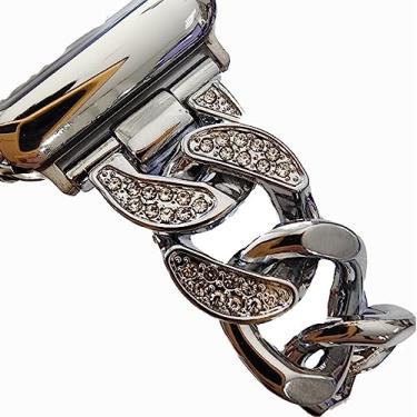 Imagem de DSAAplus Pulseira de reposição compatível com Apple Watch de 38 mm, 40 mm, 41 mm, 42 mm, 44 mm, 45 mm, liga de metal de aço inoxidável, estilo de corrente para iWatch séries 7, 6, 5, 4, 3, 2, 1 SE, Nike+ pulseira esportiva PP ~ L masculina e feminina (42/44/45 mm (M/L), E prata bling)