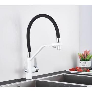 Imagem de Torneira da pia da cozinha torneira misturadora de filtro de água pura guindaste alças duplas purificação cozinha e torneira fria, branco e cromo