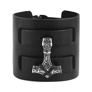 Imagem de STWTR Pulseira masculina de aço inoxidável nórdico viking runa larga punk rock motocicleta cinto largo pulseira de couro, Adjustable, 7 to 8.4 inches, Couro, Sem Pedra Preciosa