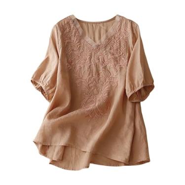 Imagem de Camisa de linho feminina vintage bordada manga 3/4 gola V blusa boho elegante para férias túnica verão casual solta, Laranja, XXG