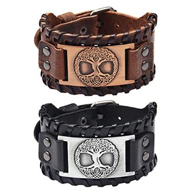 Imagem de TURTLEDOVE 2 peças de pulseira de couro Viking Tree of Life - Pulseira nórdica com amuleto Yggdrasil, Couro, Sem pedras preciosas