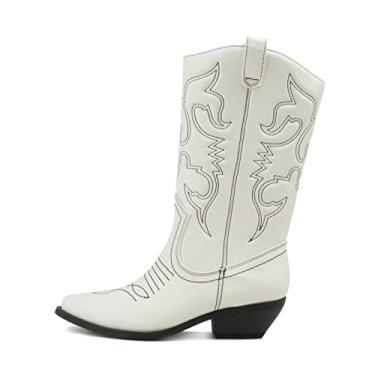 Imagem de Soda Bota feminina Reno Western Cowboy bico fino até o joelho com abas, Costura branca Pu/Bk, 11