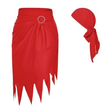Imagem de American Trends Vestido saia pirata fantasia de Halloween feminino masculino cabeça pirata cachecol pirata cosplay acessórios bandana bandana, Vermelho, Tamanho Único