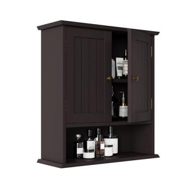 Imagem de Smuxee Armário de banheiro marrom montado na parede, pequeno armário de remédios com prateleiras ajustáveis de 2 portas, armário de parede sobre vaso sanitário para lavanderia e cozinha