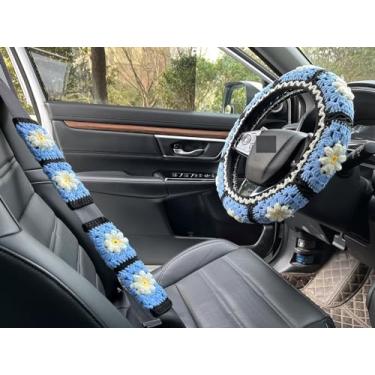 Imagem de YDMZZB Capa de volante de margarida de crochê, capa de volante feita à mão para mulheres, linda capa de volante, acessórios de carro (capa de roda azul + 2 capas de cinto)