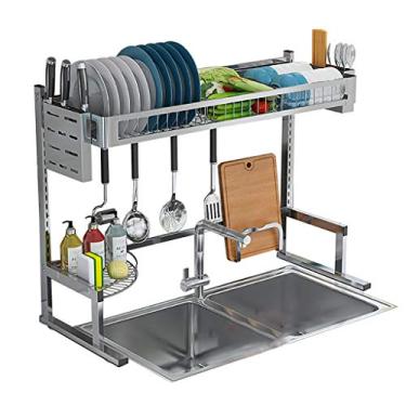Imagem de Escorredor de louças sobre a pia em altura ajustável escorredor de pratos de aço inoxidável 304 prateleira de armazenamento multifuncional escorredor de louça organizador com suporte de utensílios