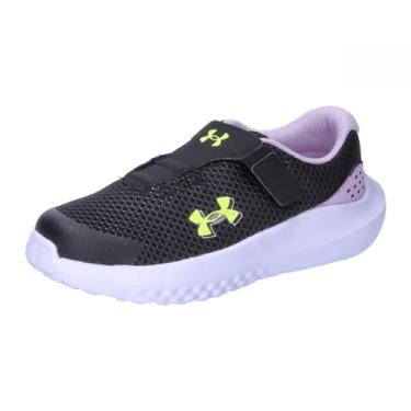 Imagem de Under Armour Tênis de corrida unissex infantil Surge 4 com fecho alternativo, (001) Preto/Roxo Ace/Amarelo de alta visibilidade, 8 Infant