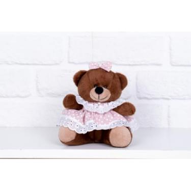 Imagem de URSO DE PELUCIA TEDDE 12 CM - VESTIDO BABY POÁ (PELUCIA MARROM - POÁ ROSE)