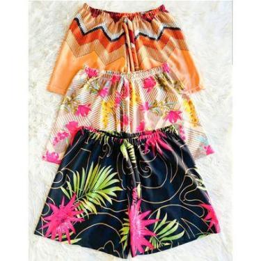 Imagem de Kit Lote 5 Shortinho Malha Crepe Estampado Com Elástico na Cintura - M