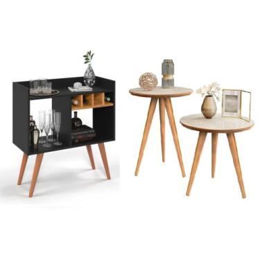 Imagem de Aparador Buffet Bar com Adega Rubi Preto/Nat + Conjunto de Mesas Apoio