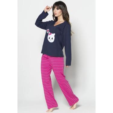 Imagem de Pijama Longo Feminino Estampado Bordado Gola V - WLS Modas, Azul marin