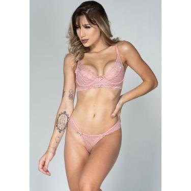 Imagem de Conjunto Lingerie Meia Taça Calcinha Sutiã Com Aro - WLS Modas, M, Ros