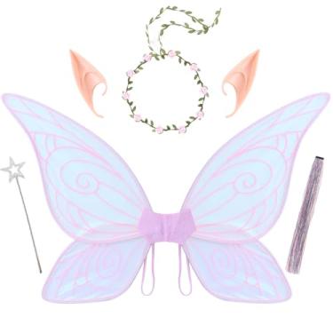 Imagem de Fairy Wings for Adult Sparkling Sheer Girls Butterfly Wings with Fairy Hair Tinsel,Elf Ears,Flower Garland,Wand (Pink)
