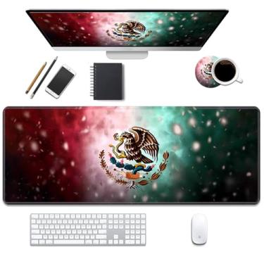 Imagem de Tapete de mesa para jogos com porta-copos, design de bordas costuradas, mouse pad GG grande para laptops, bandeira mexicana, totem asteca maia, tapete de escrita para escritório e casa, 80 x 30 cm