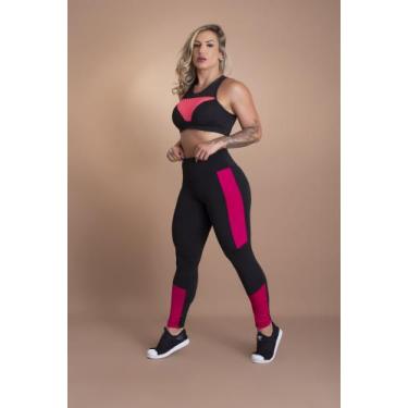 Imagem de Conjunto Fitness Feminino Calça Legging Cintura Alta Faixa Lateral Det