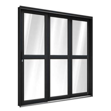 Imagem de Porta de Correr de Aço com Travessa 213 x 200 x 13 cm Preto 3 Folhas E