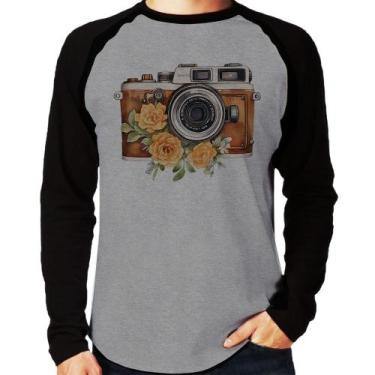 Imagem de Camiseta Raglan Máquina Fotográfica Vintage e Flores Manga Longa - Foc