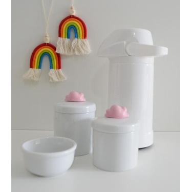 Imagem de kit Higiene Bebê Potes K022 Rosa Cotonete Algodão Limpeza Porcelana Mu