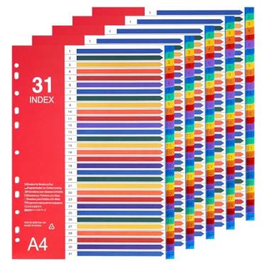 Imagem de Hotyin Divisórias de 1 a 31 abas, divisórias de fichário de plástico para fichário de 2/3/4, índice personalizável, abas multicoloridas de número 1 a 31, 5 conjuntos/tamanho a4