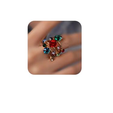 Imagem de YERTTER Anel de cristal colorido Boho Primavera Flor Anel Floral Cluster Stretch Anel Brilhante Cristal Strass Cristal Declaração Presente para Adolescentes