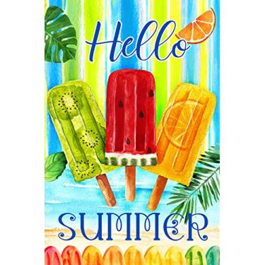 Imagem de Texupday Hello Summer Trio de picolé de frutas coloridas decoração tropical palmeiras à beira-mar casa bandeira festa praia litoral bandeira de quintal ao ar livre 71 cm x 101 cm