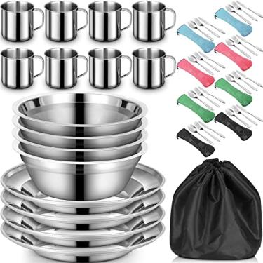Imagem de Conjunto de 58 peças de pratos e tigelas de acampamento, utensílios de mesa de aço inoxidável, utensílios de mesa com colheres, garfos, facas, sacos de armazenamento para 8 pessoas, acampamento,
