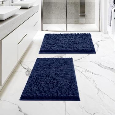 Imagem de MitoVilla Conjunto de tapetes de banheiro azul-marinho – 2 peças 43 x 61 cm, tapete de banho grosso de pelúcia antiderrapante, tapetes de banho de chenille macios e absorventes azul marinho, tapete de banheiro lavável e felpudo
