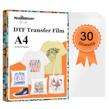 Imagem de TECKWRAP Filme de transferência DTF – 30 folhas A4 21,1 x 29,7 cm Matte PET DTF papel de transferência de calor para impressão direta no filme em camisetas, trabalho têxtil com impressoras DTF, corte