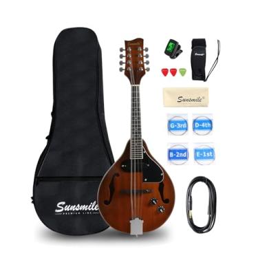 Imagem de Sunsmile Instrumento bandolim acústico-elétrico de 8 cordas estilo A com captador sapele superior arqueado F furos corpo Okoume pescoço ponte de nogueira com saco de concerto, cabo, afinador, cordas,