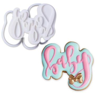 Imagem de Mostop Cortador de biscoito 3D com carimbos de letras para chá de bebê, molde de bolo para fondant ferramentas de decoração DIY para artesanato de açúcar, molde de assar, ferramentas de cozinha para festa de aniversário infantil
