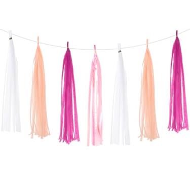 Imagem de PATIKIL Faixa de guirlanda de borla, 20 peças de papel de seda, borlas, decoração de festa, kits DIY para chá de noiva, casamento, aniversário, chá de panela, branco/fúcsia/rosa laser/coral