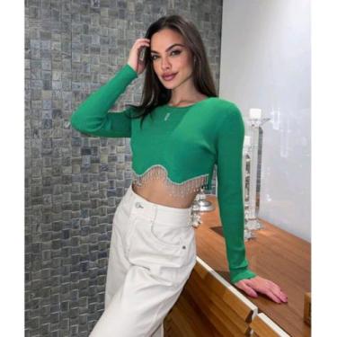 Imagem de Cropped Gola Alta Canelado Manga Longa Comprida - Juh Store, Verde