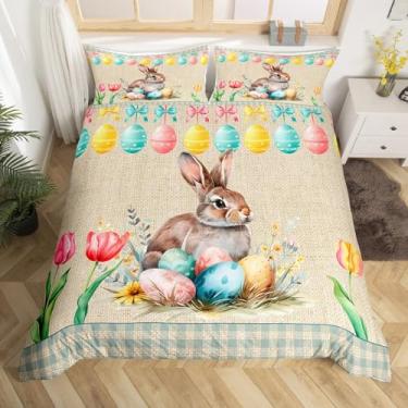 Imagem de Conjunto de capa de edredom infantil de coelho fofo, tamanho Queen, conjunto de cama com flores de ovos coloridos, decoração de quarto de meninas e meninos, capa de edredom de patchwork com grades