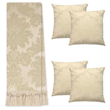 Imagem de Jogo Manta Xale para Sofá Artesanal com Franjas 1,40 x 2,20 com 4 Capas de almofadas (138 BEGE NUDE)