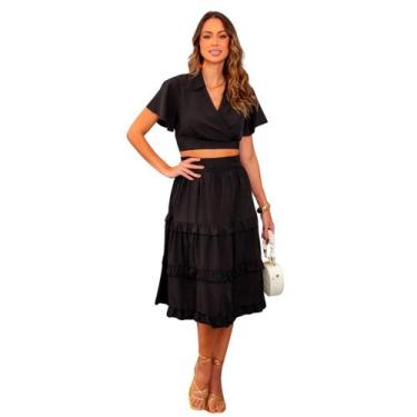 Imagem de Conjunto feminino blusa e saia midi com babados em crepe com forro rom