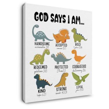Imagem de Ryeolo Arte de parede com impressão em tela de dinossauro infantil - decoração de animais de berçário safári 40,6 x 61 cm, decoração de parede de berçário de bebê menina menino, God Says I Am Dinosaur