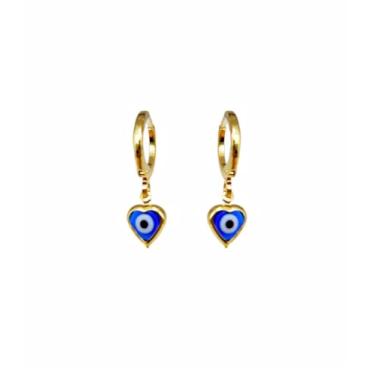 Imagem de Brinco Pingente Argolinha Olho Grego Formato Coração Folheado Ouro 18k Antialérgico