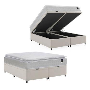Imagem de Cama Box Baú Casal King Colchão Gazin Com Molas Ensacadas Tower New 193x203x76cm Branco