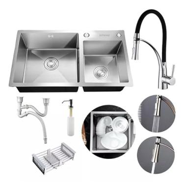 Imagem de Cuba Dupla Gourmet 78x43 Completa Com Acessórios Pia Cozinha Bancada Aço Inox Prata + Torneira Gourmet Monocomando Silicone Flexível Preta Aço Inox Brinovar