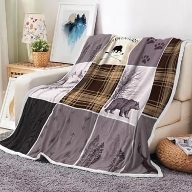 Imagem de Cobertor rústico com urso de cabana e veado pesado para sofá, roxo caça campista floresta fazenda chalé xadrez xadrez macio aconchegante lã grossa cobertor de flanela para cama escritório (152 x 203