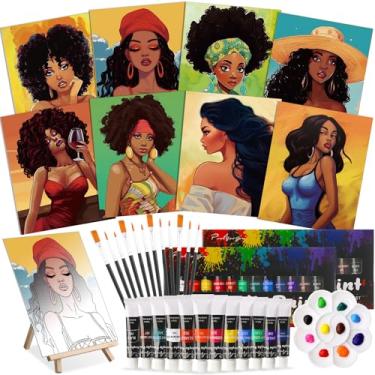 Imagem de Cholemy Kit de pintura e sorvete de 36 peças para adultos 20 x 25 cm, tela pré-desenhada para pintura, faça você mesmo, kit de pintura para casais afro, pincéis de cavalete de madeira para encontros