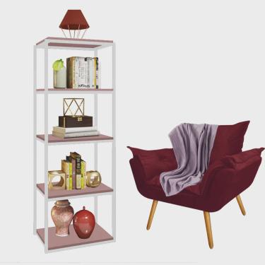 Imagem de Kit Poltrona Fatte com Manta Soft Lilás e Estante Livreiro Ferro Branco mdf Rose Suede Bordô - Ahazzo Móveis