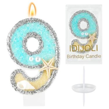 Imagem de IDIJOLI Vela de aniversário de praia, estrela-do-mar, número 9 velas, 9º bolo, azul, enfeite de bolo de aniversário, decorações de cupcake, decoração de festa, aniversário, celebrações, suprimentos
