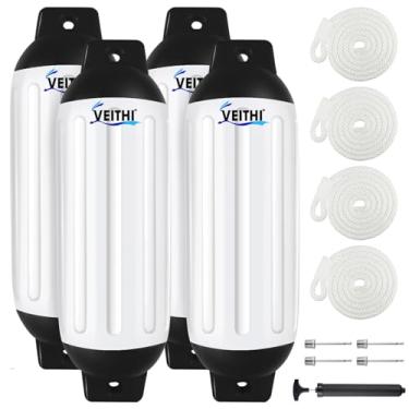 Imagem de VEITHI Pacote com 4 para-lamas de barco grandes, 25,4 x 76,2 cm, para-choques de vinil com olhos duplos canelados, para-choques de barco para ancoragem vêm com agulhas de corda e bomba para inflar,