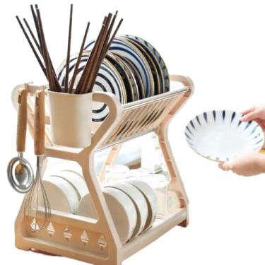 Imagem de Escorredor De Louça Para Cozinha Prato Duplo Porta Talheres Copos(COM PORTA TALHER Bege)