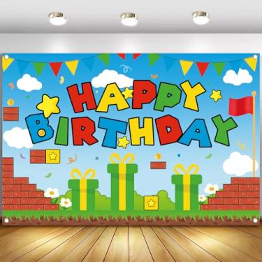 Imagem de Pano de fundo para fotografia de feliz aniversário com tema verde vermelho, 1,5 x 90 m, suporte de banner de cabine de fotos para crianças, meninas, meninos, aniversário, chá de bebê, férias