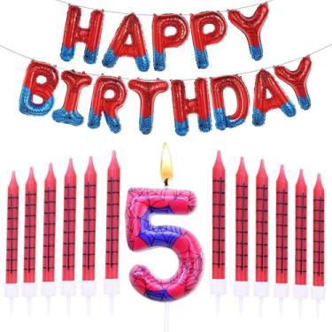 Imagem de Faixa de feliz aniversário com tema de aranha, 13 peças, conjunto de velas de aniversário com tema de aranha, número 5, topo de bolo, suprimentos de decoração de festa de aranha (RedBule-5)