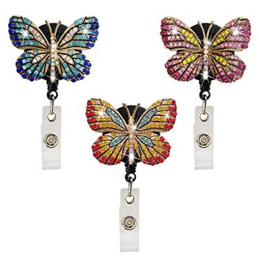 Imagem de Pacote com 3 carretéis retráteis de crachá de identificação de borboleta brilhante com clipe, cordão retrátil de 61 cm, porta-cartões de nome para trabalhadoras de escritório, médicas, meninas e